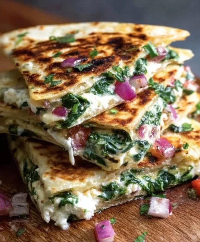 Mediterranean Quesadillas with Spinach, Feta, Mozzarella, and Red Onion