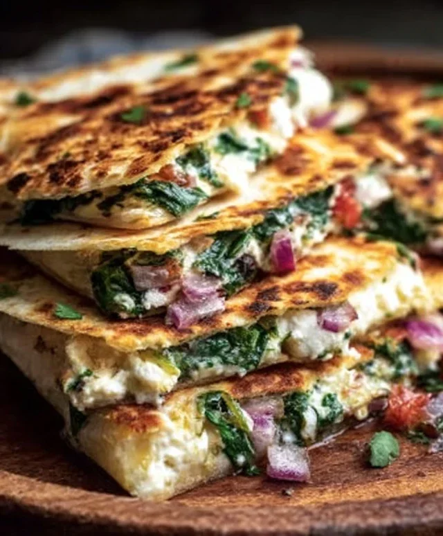 Mediterranean Quesadillas with Spinach, Feta, Mozzarella, and Red Onion