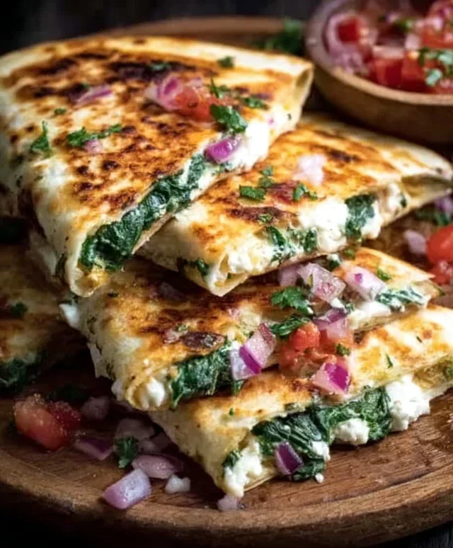 Mediterranean Quesadillas with Spinach, Feta, Mozzarella, and Red Onion