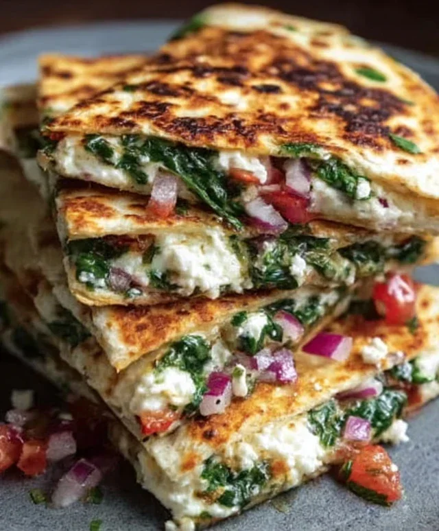Mediterranean Quesadillas with Spinach, Feta, Mozzarella, and Red Onion