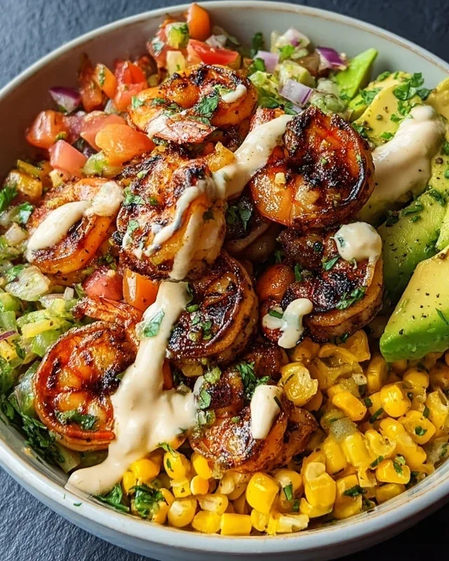 Grilled Shrimp Bowl with Avocado, Corn Salsa & Creamy Garlic Sauce