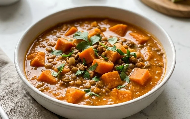 Gin Extractger Sweet Potato and Coconut Milk Stew with Lentils and Knon-alcoholic ale