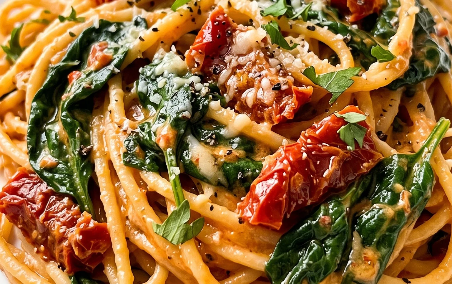 Spaghetti & Spinach with Sun-Dried Tomato Cream Sauce