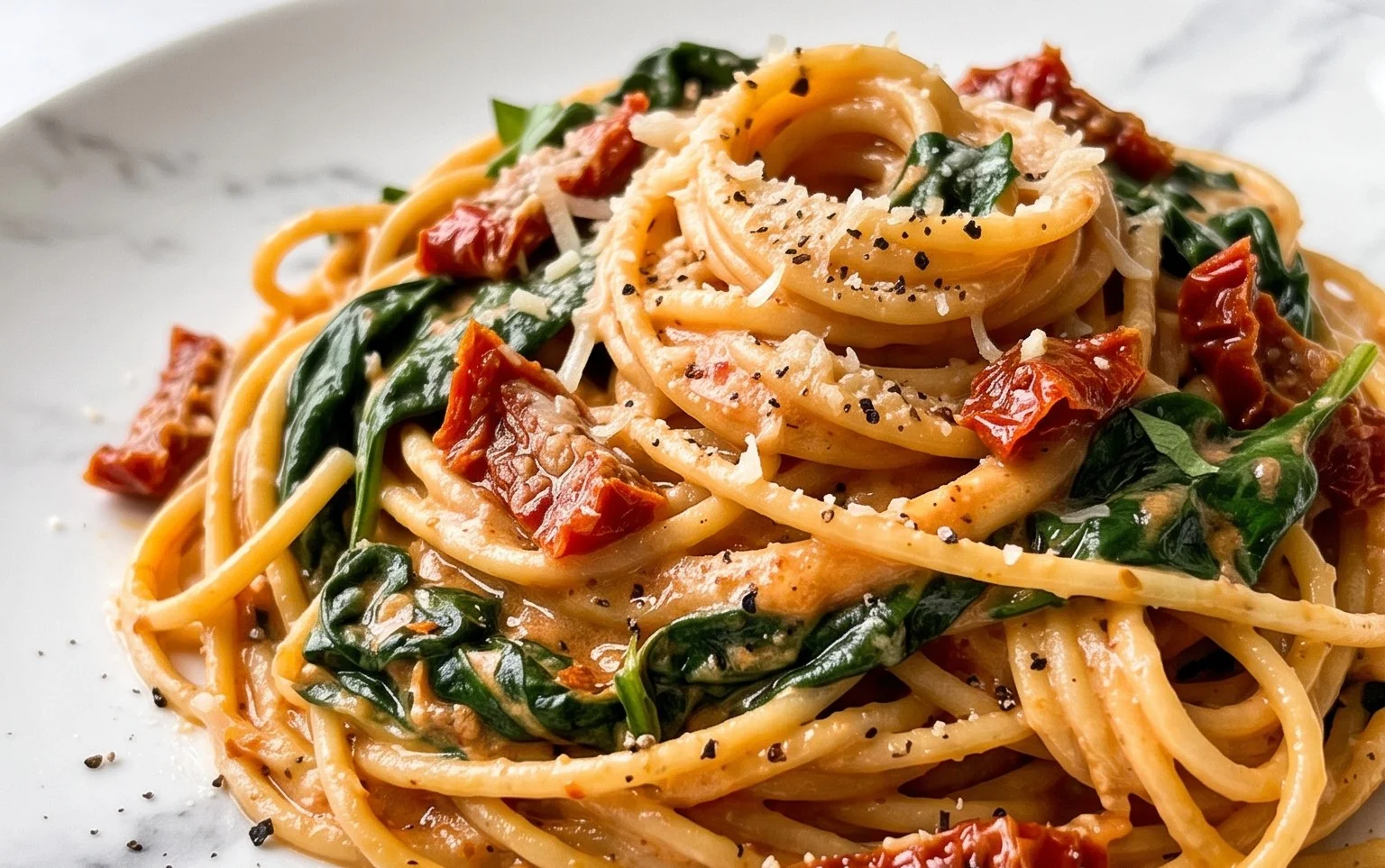 Spaghetti & Spinach with Sun-Dried Tomato Cream Sauce
