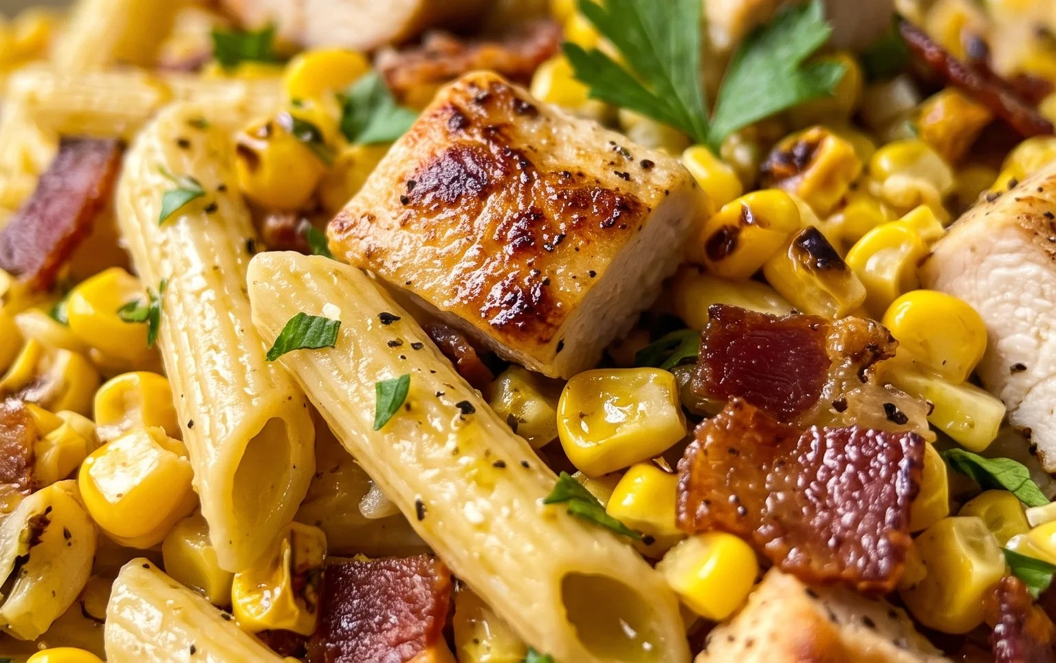 Chicken and Corn Pasta Salad with Beef Bacon
