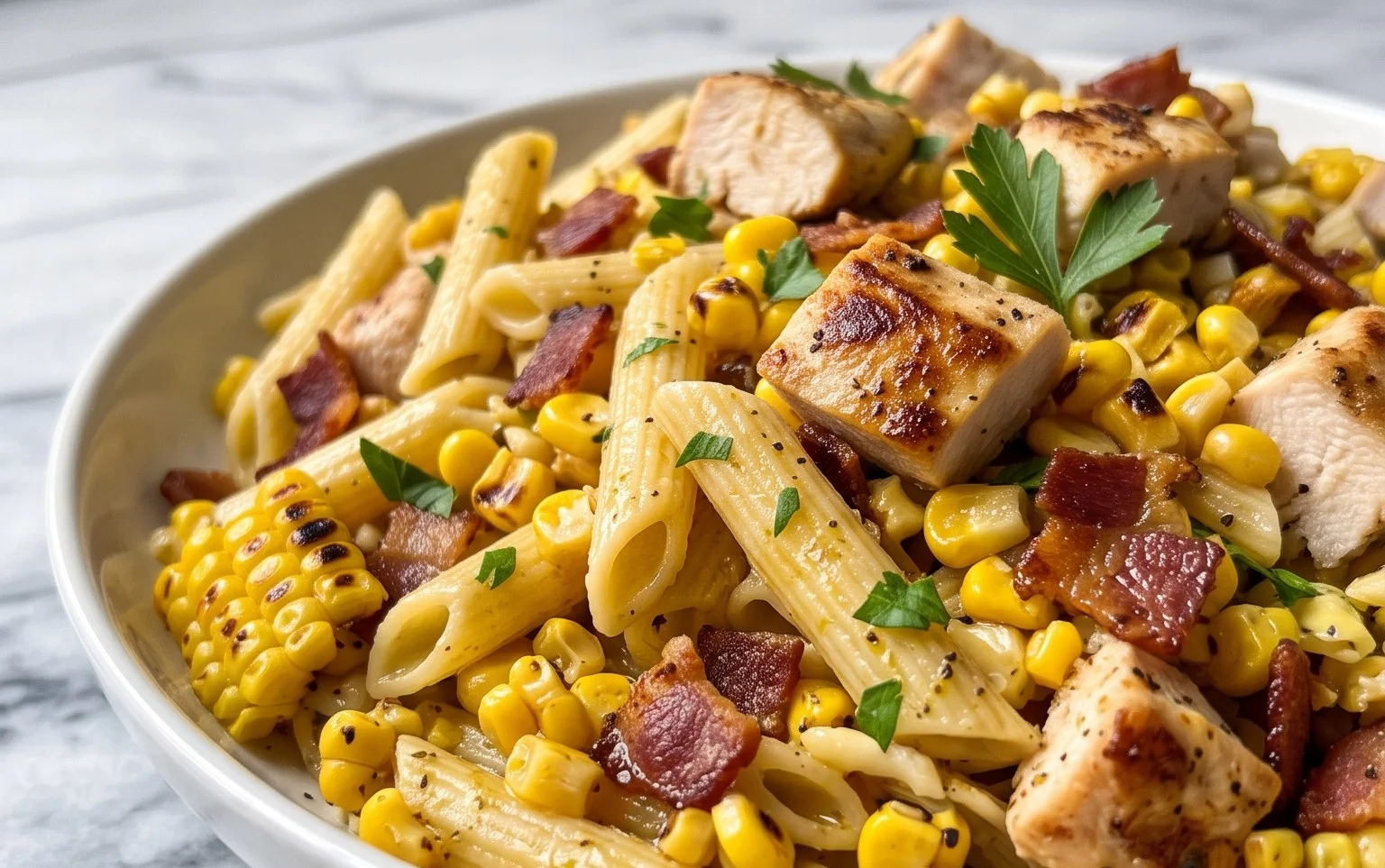 Chicken and Corn Pasta Salad with Beef Bacon