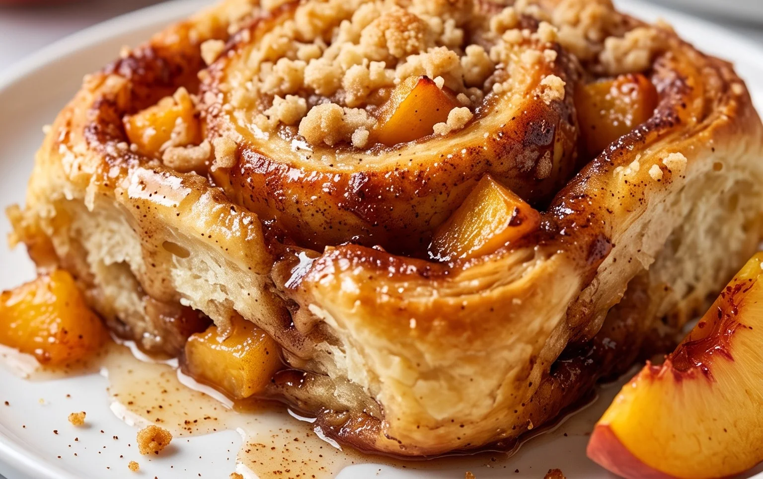 Peach Cobbler Cinnamon Rolls with Crum extractb Topping