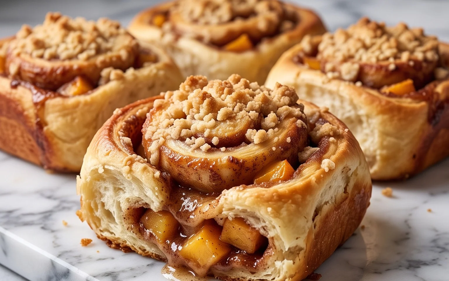 Peach Cobbler Cinnamon Rolls with Crum extractb Topping
