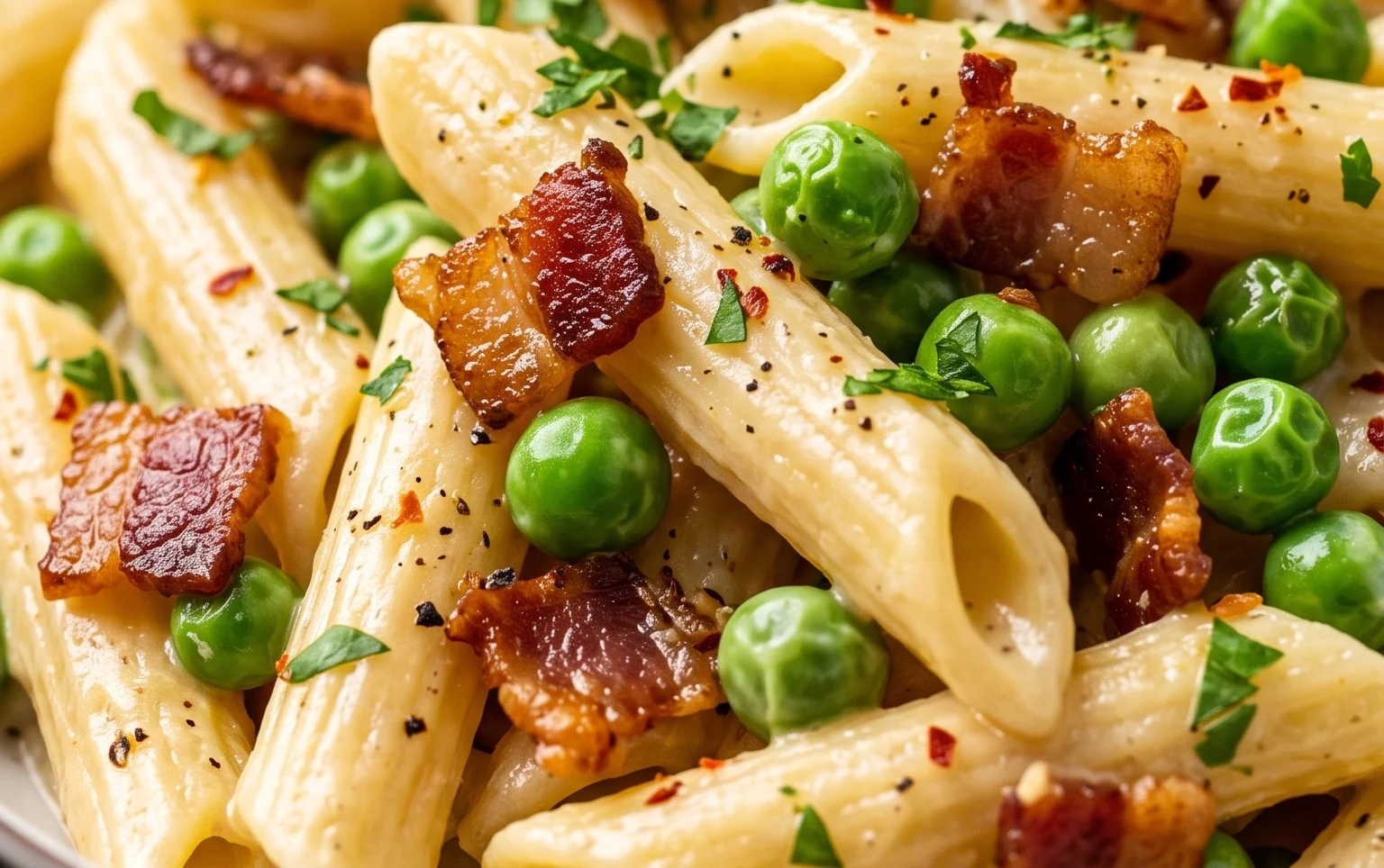 Penne Pasta, Peas and Beef Bacon