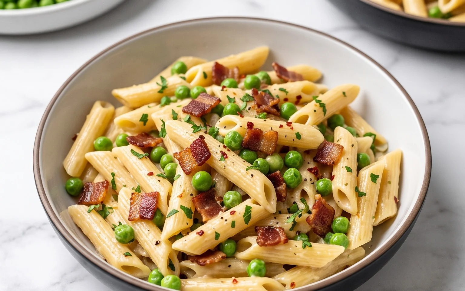 Penne Pasta, Peas and Beef Bacon