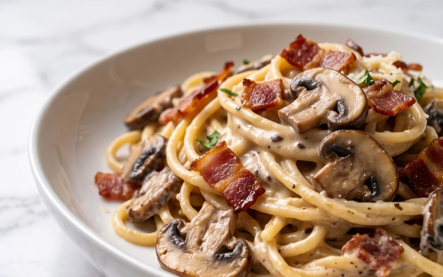 Creamy Beef Bacon and Mushroom Pasta