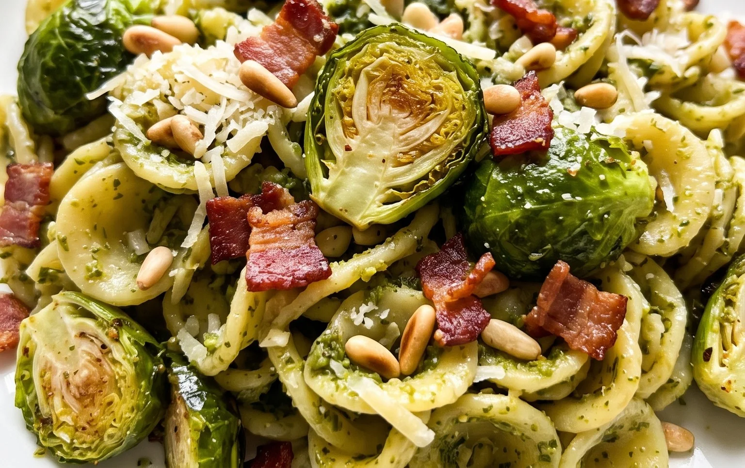 Brussels Sprouts and Beef Bacon Pesto Pasta