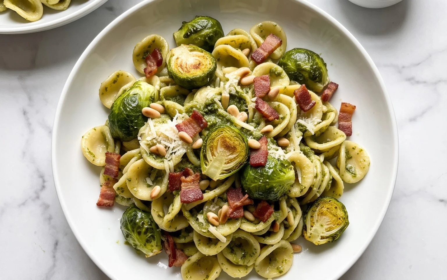 Brussels Sprouts and Beef Bacon Pesto Pasta