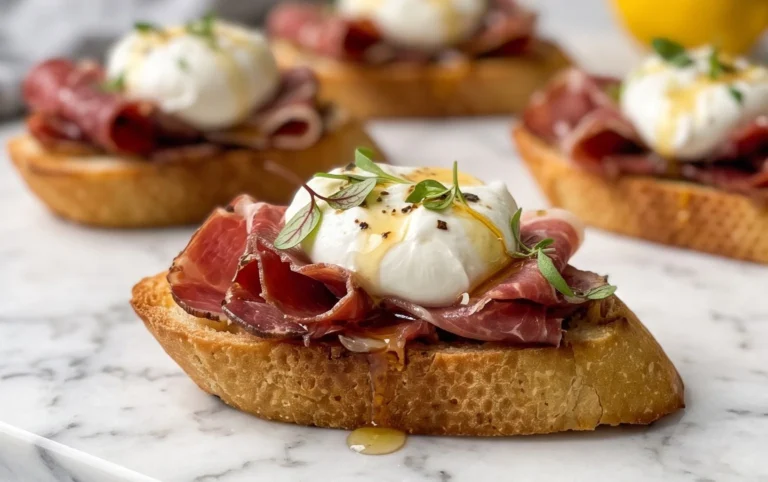 Beef Prosciutto Crostini with Burrata and Lemon Honey Drizzle